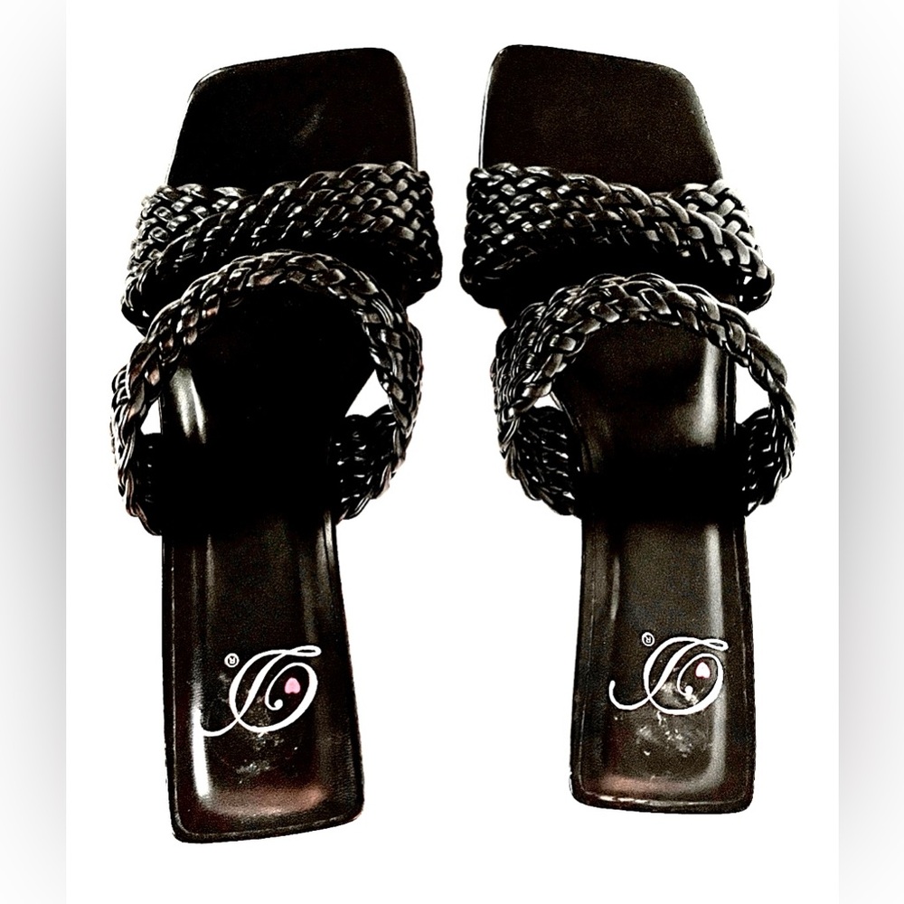 Black soft leather braided sandals with 3” kitten heel